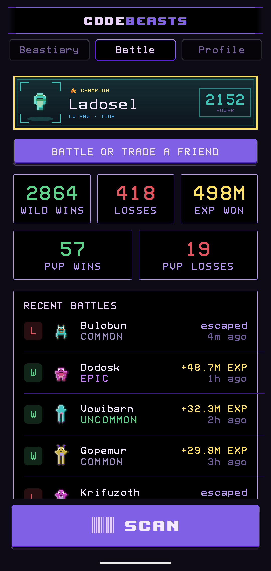 The Battle hub with your win/loss record and recent fights