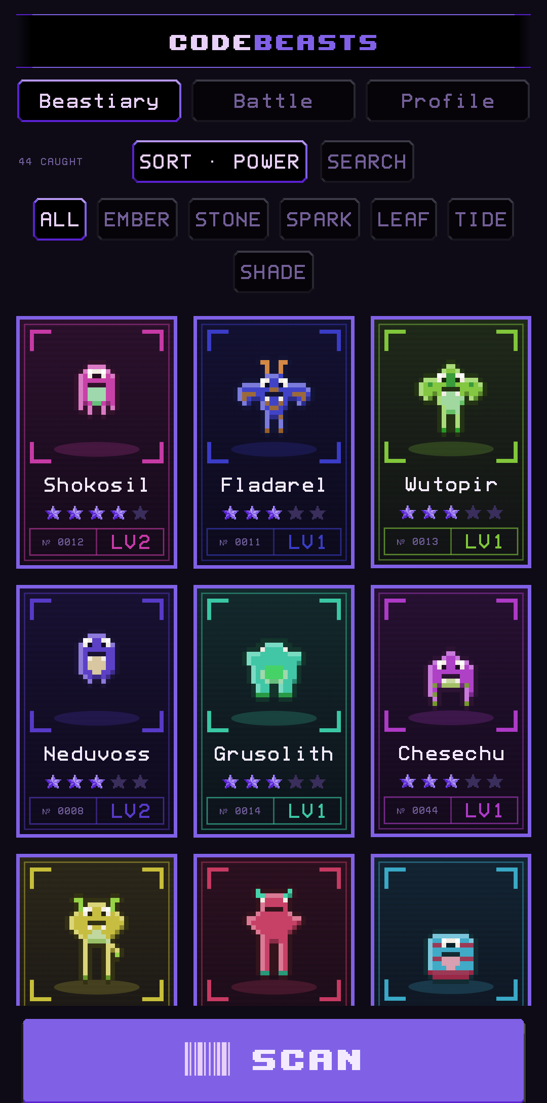 The Beastiary, a grid of caught beasts you can sort, filter and search