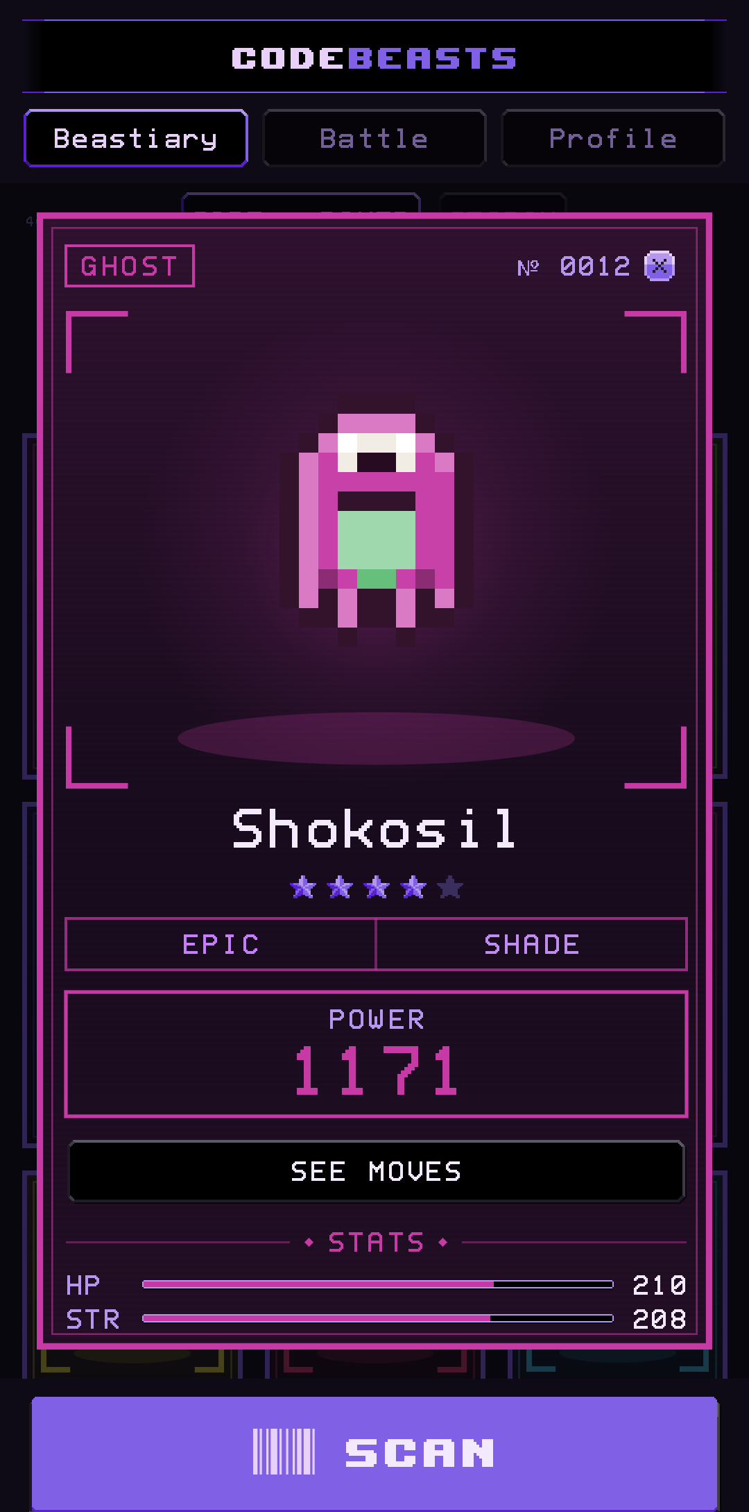 A beast card showing its art, rarity, element and stats