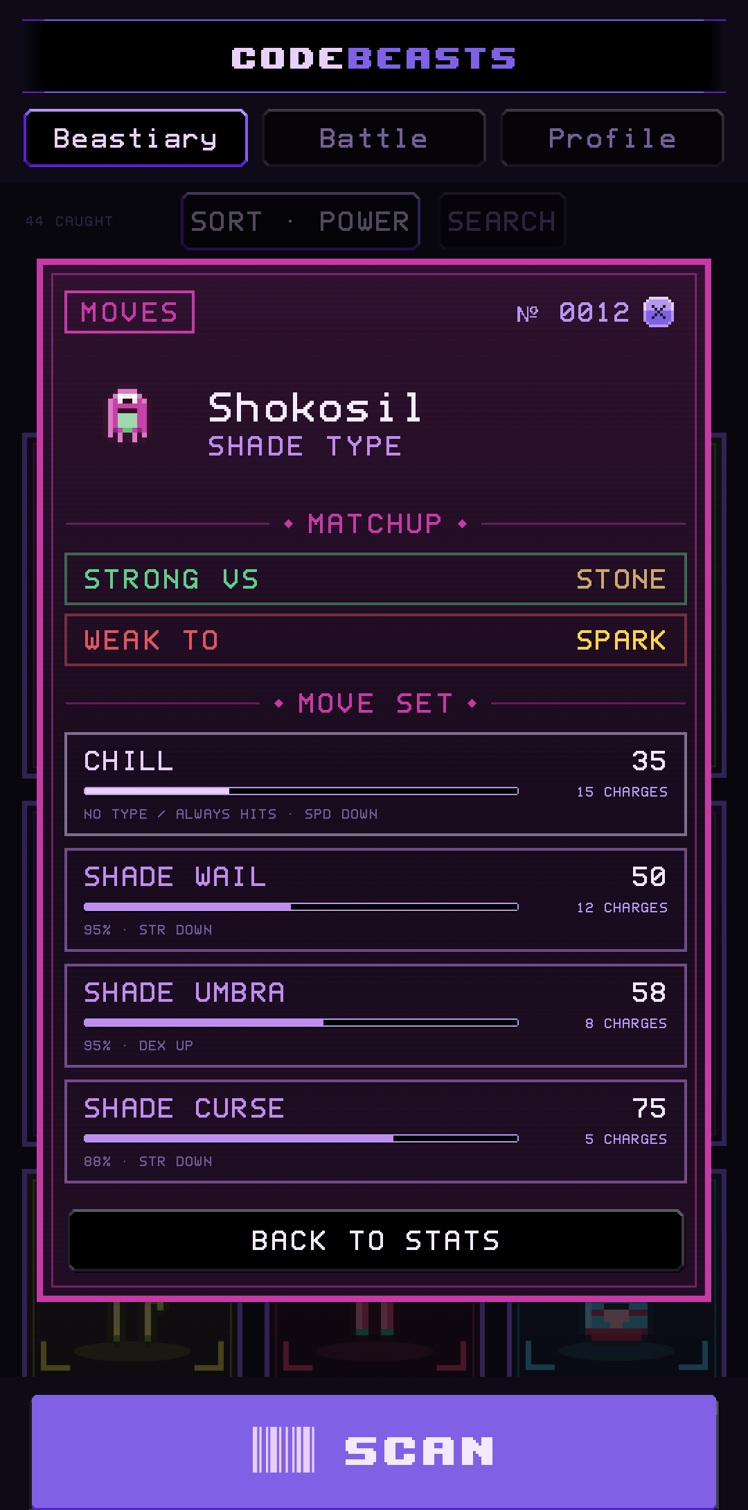 The back of a beast card, showing its moves and matchups