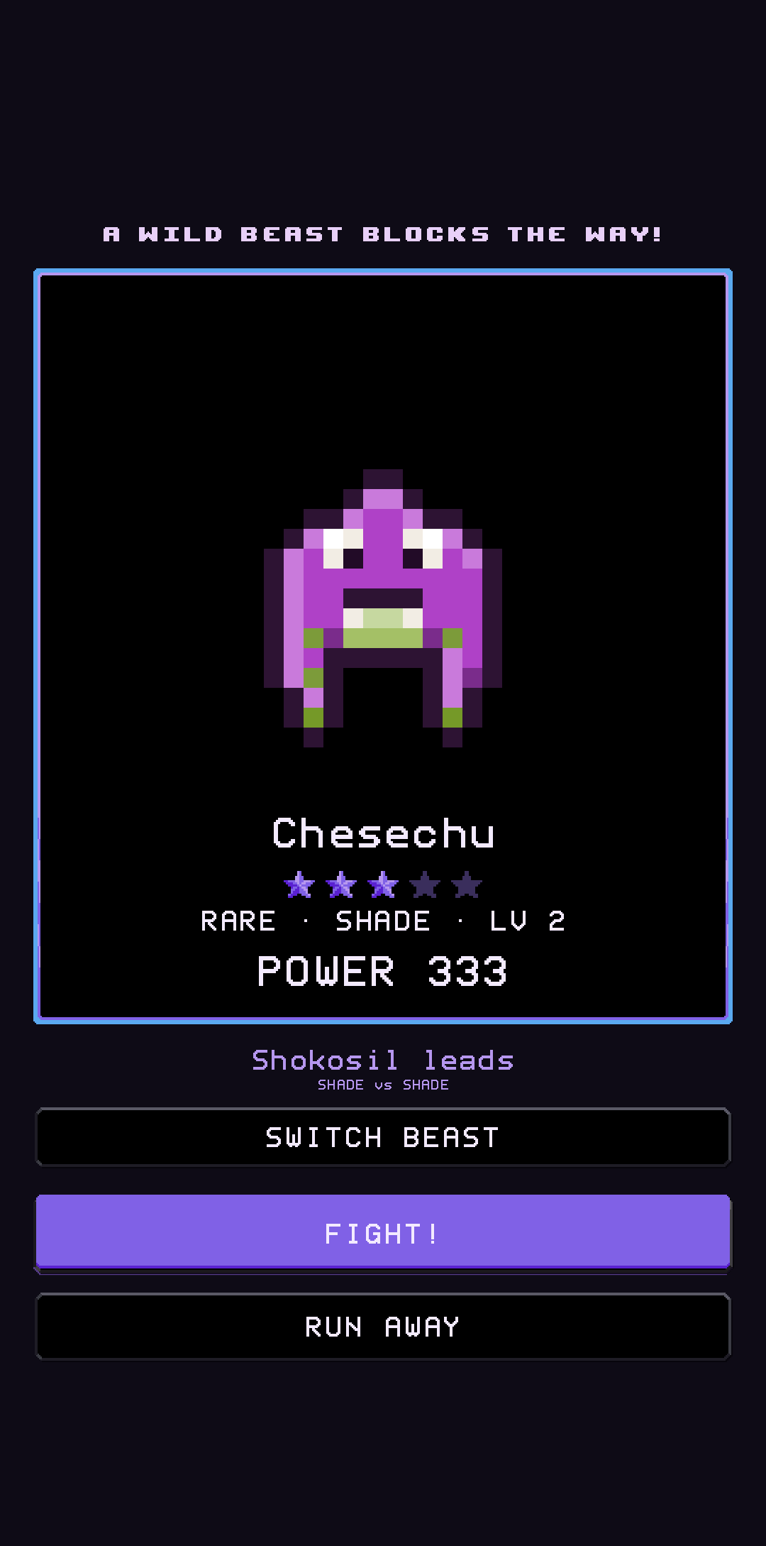 A wild beast blocks the way — choose which of your beasts leads the fight