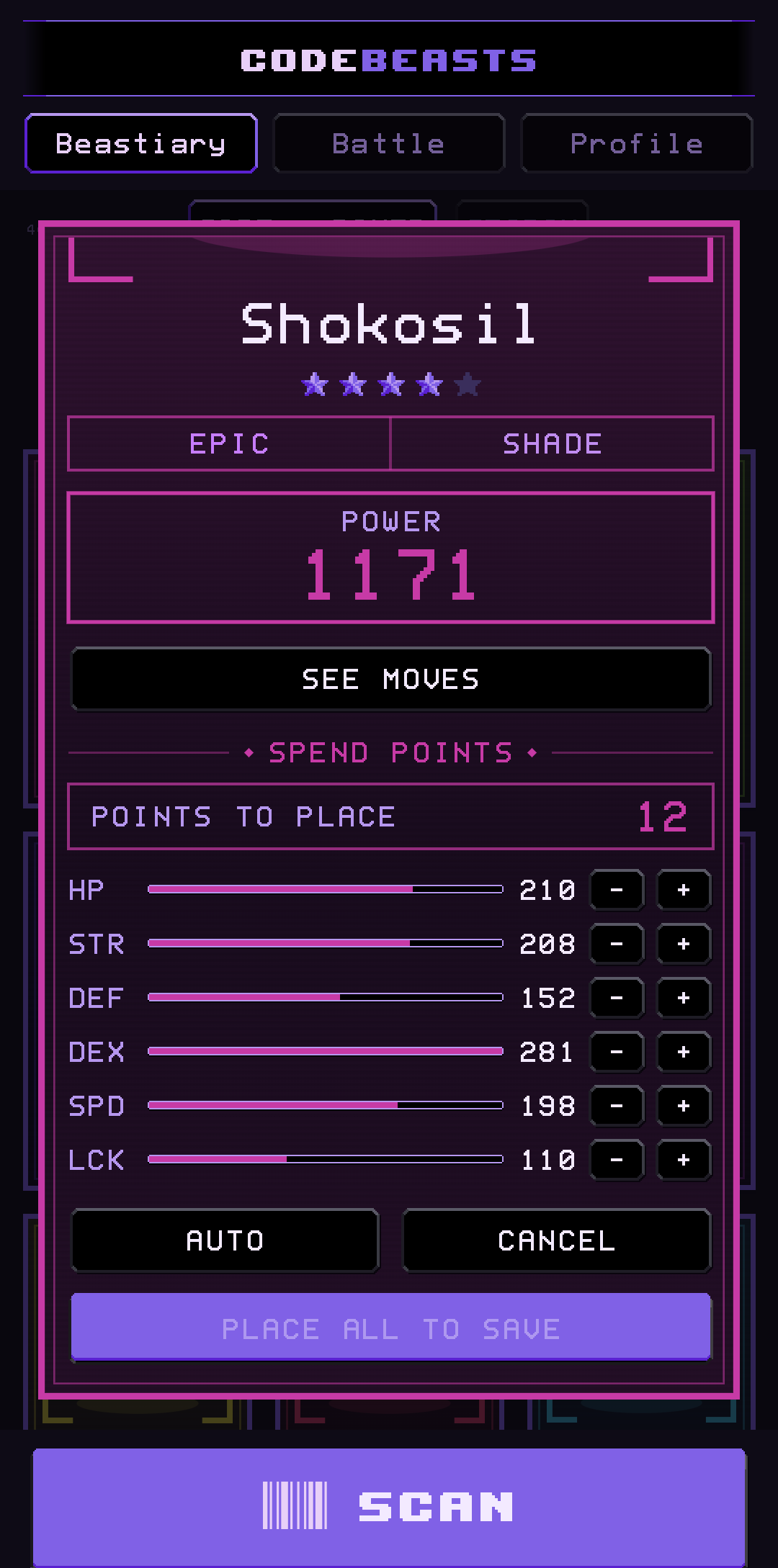 Spending level-up points to shape a beast’s build